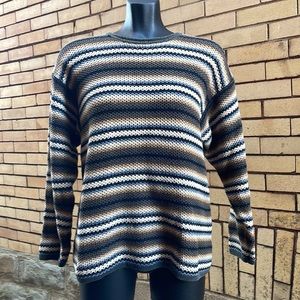Vintage 90s Concrete Mix Chunky Neutral Striped Coastal Knit Sweater Medium
